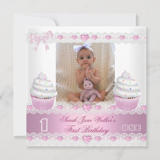 Invitation Premier anniversaire 1ère fille Cupcake blanc rose (Devant)