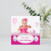 Invitation Premier anniversaire 1ère fille Cupcakes Hot rose (Debout devant)