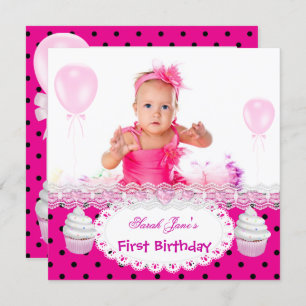 Invitation Premier anniversaire 1ère fille Cupcakes Hot rose 