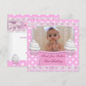 Invitation Premier Anniversaire 1ère Fille Cupcakes Rose Blan (Devant / Derrière)