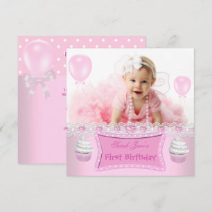 Invitation Premier Anniversaire 1ère Fille Cupcakes Roses Béb