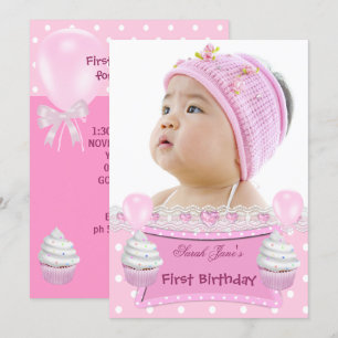Invitation Premier Anniversaire 1ère Fille Cupcakes Roses Béb