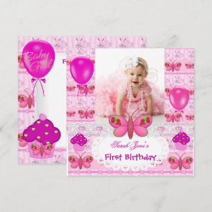 Invitation Premier Anniversaire 1ère Fille Papillon Rose Chau