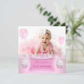 Invitation Premier anniversaire 1ère fille Pink Cupcakes Baby (Debout devant)