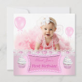 Invitation Premier anniversaire 1ère fille Pink Cupcakes Baby (Devant)