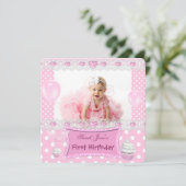 Invitation Premier Anniversaire 1ère Fille Pois de bébé rose (Debout devant)