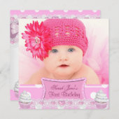 Invitation Premier Anniversaire 1ère Fille Pretty Pink Cupcak (Devant / Derrière)
