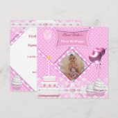 Invitation Premier Anniversaire 1ère Fille Spot Cupcake rose  (Devant / Derrière)