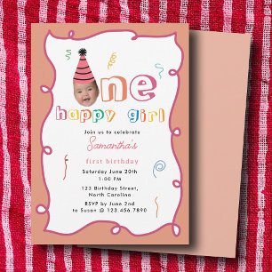 Invitation Premier anniversaire amusant d'une fille heureuse