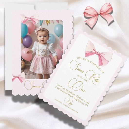 Invitation Premier anniversaire aquarelle Bow photo mignonne 
