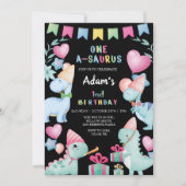 Invitation Premier anniversaire aquarelle Dinosaur Party Noir (Devant)