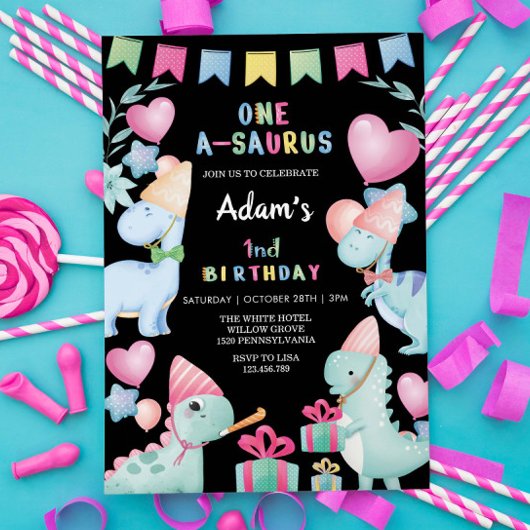 Invitation Premier anniversaire aquarelle Dinosaur Party Noir