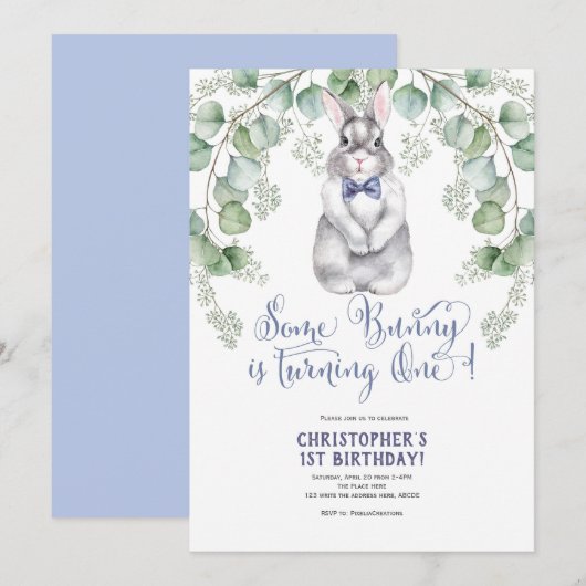 Invitation Premier anniversaire, aquarelle, le lapin est un (Devant / Derrière)