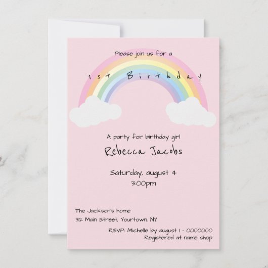 Invitation Premier anniversaire arc-en-ciel rose et nuages (Devant)