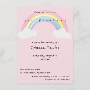 Invitation Premier anniversaire arc-en-ciel rose et nuages
