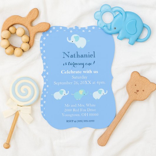 Invitation Premier anniversaire Baby Boy Blue Elephants
