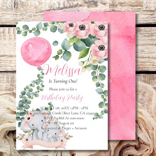 Invitation Premier Anniversaire Balloon rose Eucalyptus Eleph