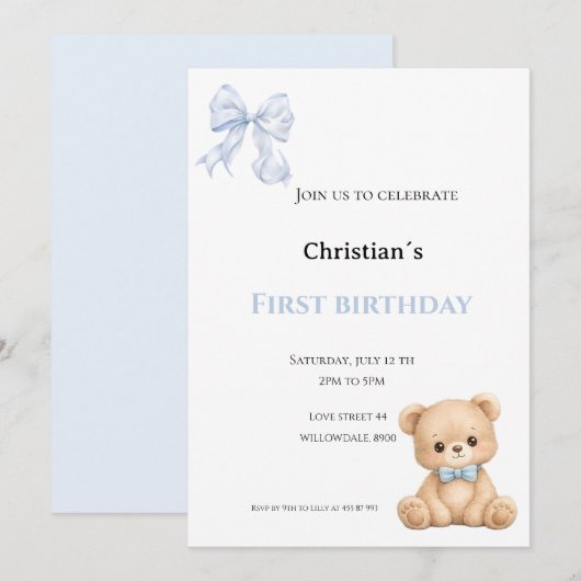 Invitation Premier anniversaire bébé garçon (Devant / Derrière)