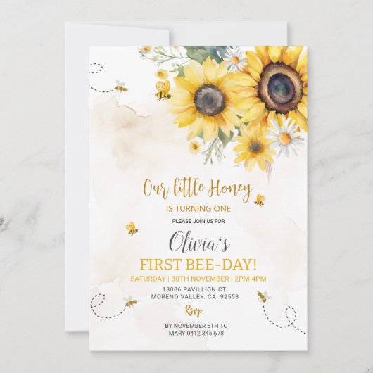 Invitation Premier anniversaire Bee Sunflower (Devant)