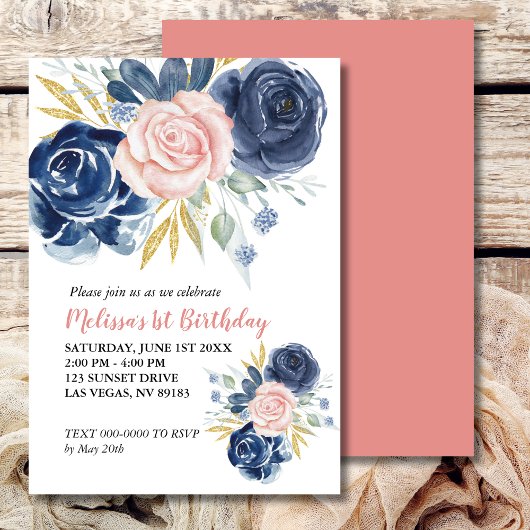 Invitation Premier Anniversaire Blush Rose Navy Blue Floral P