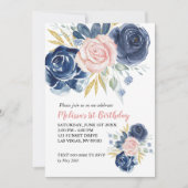 Invitation Premier Anniversaire Blush Rose Navy Blue Floral P (Devant)