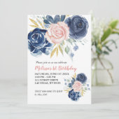 Invitation Premier Anniversaire Blush Rose Navy Blue Floral P (Debout devant)