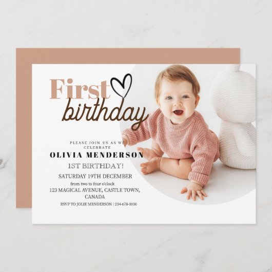 Invitation Premier anniversaire Boho Heart Minimal Moder Anni (Devant / Derrière)