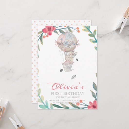 Invitation Premier anniversaire Boho Hot air ballon anniversa (Devant/Arrière en situation)