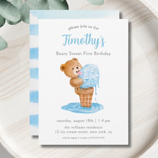 Invitation Premier anniversaire Boy Teddy Bear Crème de glace