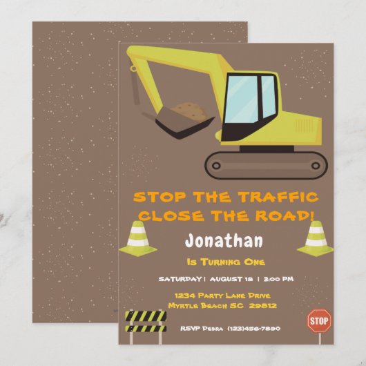 Invitation Premier anniversaire Boys de construction (Devant / Derrière)