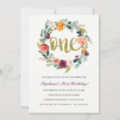 Invitation Premier anniversaire Burgundy Gold Floral Wreath I (Devant)