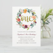 Invitation Premier anniversaire Burgundy Gold Floral Wreath I (Debout devant)