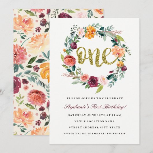 Invitation Premier anniversaire Burgundy Gold Floral Wreath I (Devant / Derrière)
