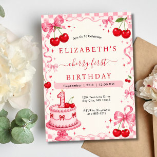 Invitation Premier anniversaire Cerise Rouge Cerises Rubans R