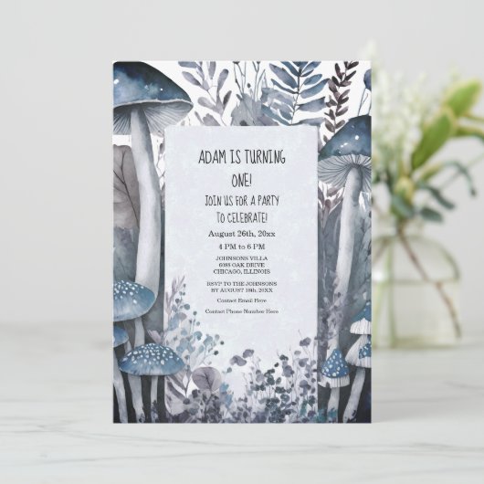 Invitation Premier anniversaire Champignons bleus Boho Boho W (Debout devant)