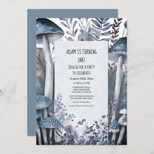 Invitation Premier anniversaire Champignons bleus Boho Boho W (Devant / Derrière)
