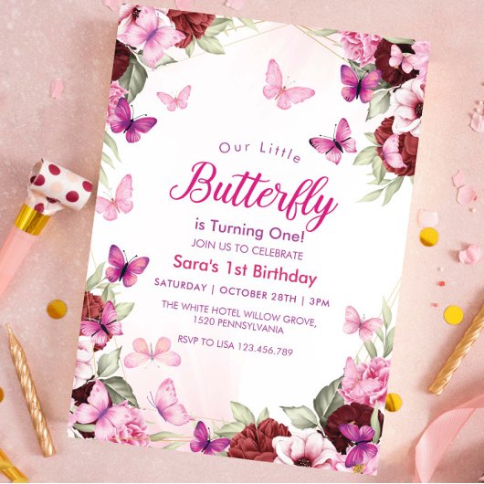 Invitation Premier anniversaire Chic Floral Butterflies Party