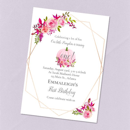 Invitation Premier anniversaire Citrouille Floral Géométrique