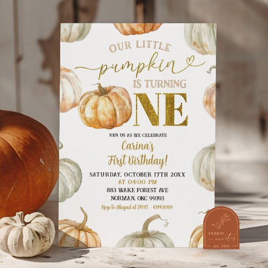 Invitation Premier anniversaire Citrouille Or et Orange Paste