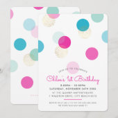 Invitation PREMIER ANNIVERSAIRE confettis taches rose menthe (Devant / Derrière)