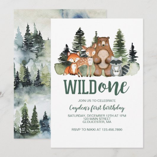 Invitation Premier anniversaire d'animal de forêt Sauvageon (Devant / Derrière)