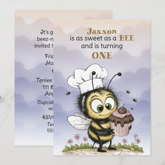 Invitation Premier anniversaire de bébé garçon Little Bee (Devant / Derrière)