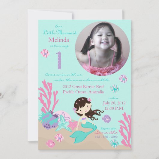 Invitation Premier anniversaire de Brunette Mermaid (Devant)