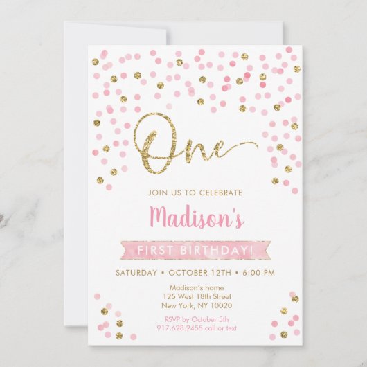 Invitation Premier anniversaire de Confetti en or rose (Devant)
