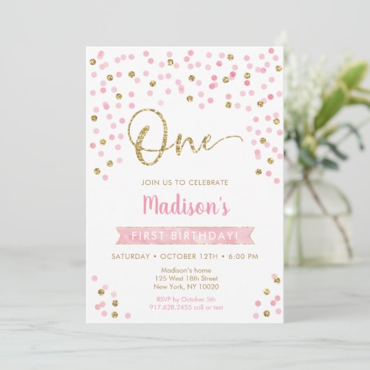 Invitation Premier anniversaire de Confetti en or rose (Debout devant)