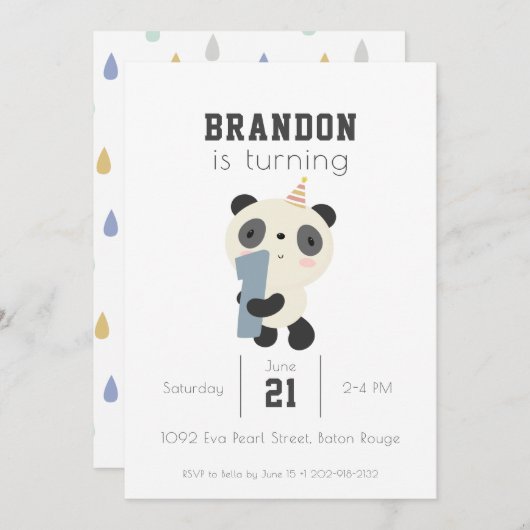 Invitation Premier Anniversaire de Cute Panda (Devant / Derrière)