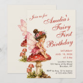 Invitation Premier anniversaire de fée Fille mignonne Écritur (Devant / Derrière)