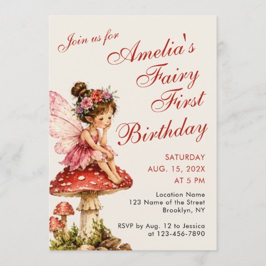 Invitation Premier anniversaire de fée Fille mignonne Écritur (Devant)