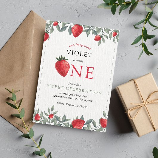 Invitation Premier anniversaire de fraise | Aquarelle douce B