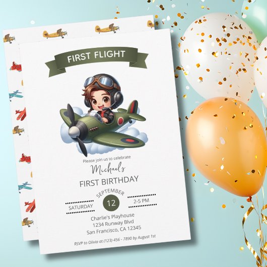 Invitation Premier anniversaire de garçon Pilote Avion vintag